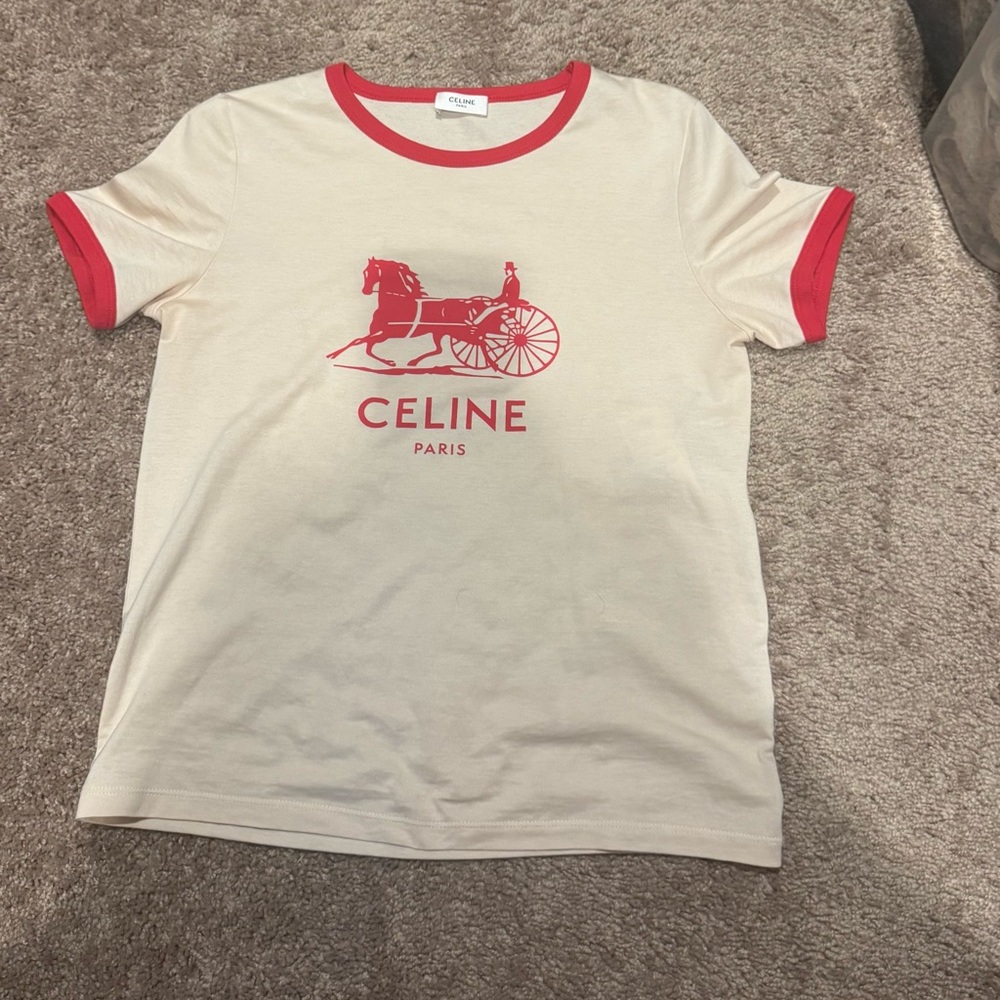Celine Beige and Red Graphic Tee